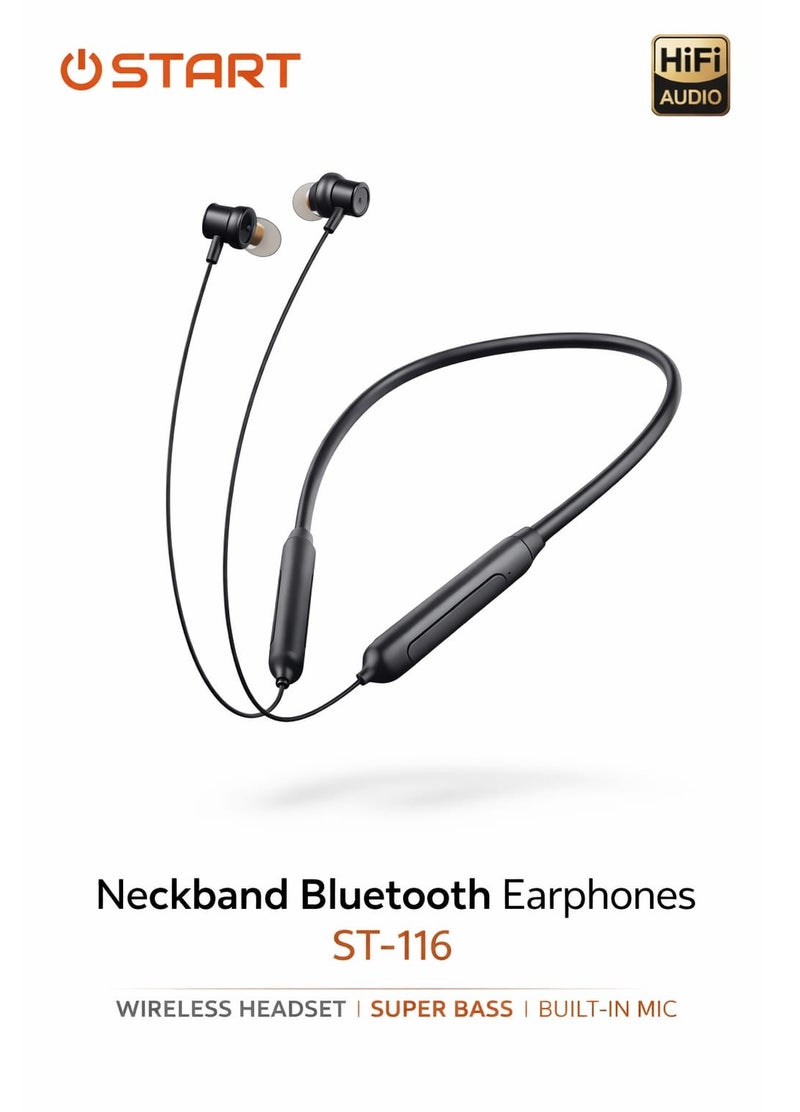 سماعة بلوتوث رياضية حول الرقبة ستيريو هاي فاي – START ST-116 – سوبر باس – ميكروفون مدمج – سماعة لاسلكية للمكالمات والموسيقى – سماعة رقبة للرياضة والجيم